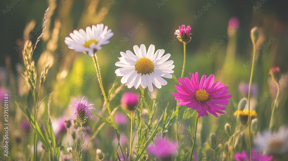 In spring, the small chrysanthemums blooming on the grassland In spring, the small chrysanthemums blooming on the grassland