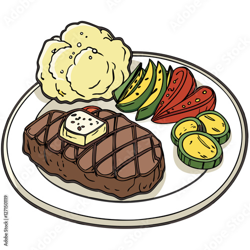 Argentine Steak with Herb Butter and Mashed Potatoes Isolated. Perfect for: Steakhouse menus, gourmet dining experiences, meat festivals, culinary showcases