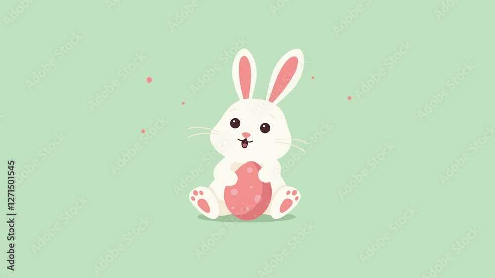 A white Easter bunny with a pink egg sits on a green background and looks around at the flashing confetti. Animation for the Easter holiday. A white Easter bunny with a pink egg sits on a green background and looks around at the flashing confetti. Animation for the Easter holiday.