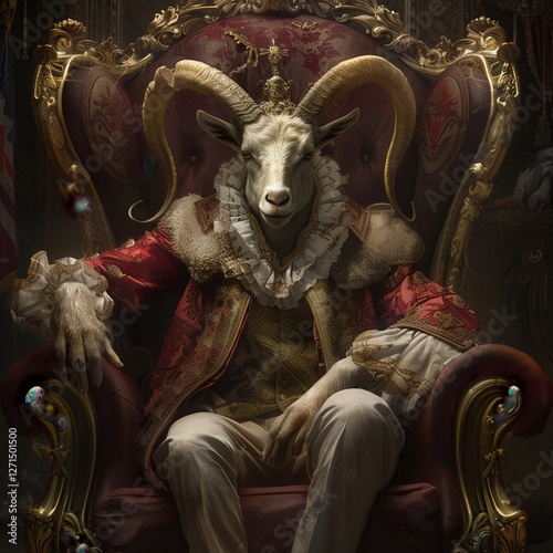 A regal figure with a goat's head sits on an ornate throne, dressed in lavish clothing, blending elements of fantasy and elegance. photo