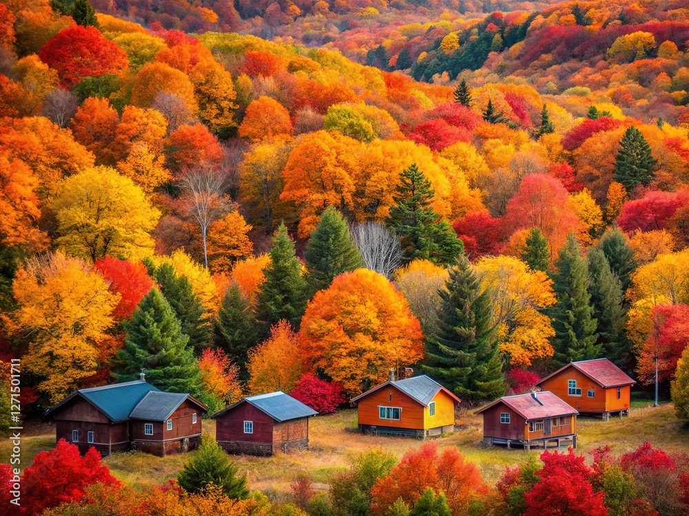 Obraz premium Vibrant fall foliage surrounds cozy Allegheny cabins.