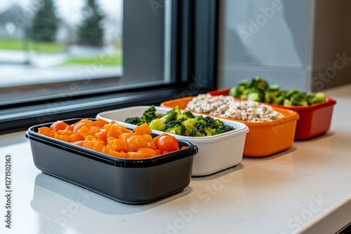 A 3D-rendered kitchen counter with colorful meal prep boxes, neatly arranged for a week of balanced meals