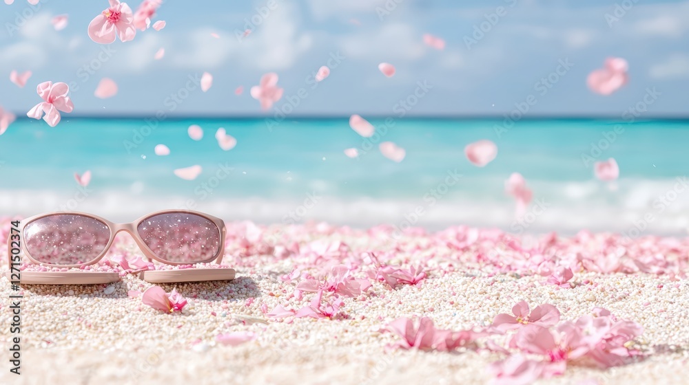 Stylish sunglasses on a beach with petals Stylish sunglasses on a beach with petals