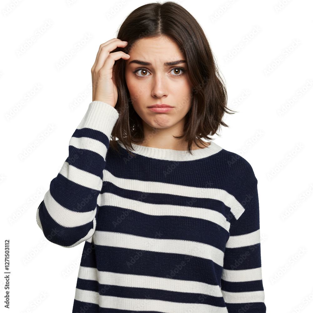 A realistic photo of a beautiful French woman with shoulder-length dark brown hair, wearing a stylish striped navy and white sweater A realistic photo of a beautiful French woman with shoulder-length dark brown hair, wearing a stylish striped navy and white sweater