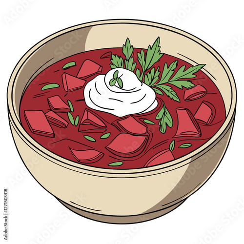 Traditional Russian Borscht with Sour Cream. Perfect for: Russian food festivals, Eastern European cuisine, winter comfort food
