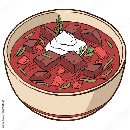 Russian Beet Soup Borscht with Beef and Sour Cream. Perfect for: Russian cultural events, winter meals, Eastern European festivals