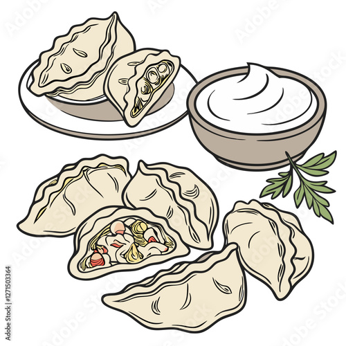 Russian Pelmeni Dumplings with Sour Cream. Perfect for: Russian food promotions, dumpling festivals, comfort food markets