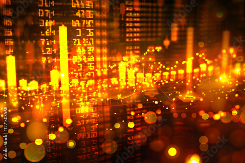 Abstract financial data visualization with glowing charts and numbers in a vibrant orange background