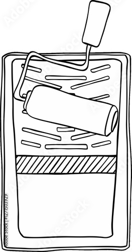 Paint roller in tray container graphic line vector composition. Painting, dyeing. Isolated vector illustration
