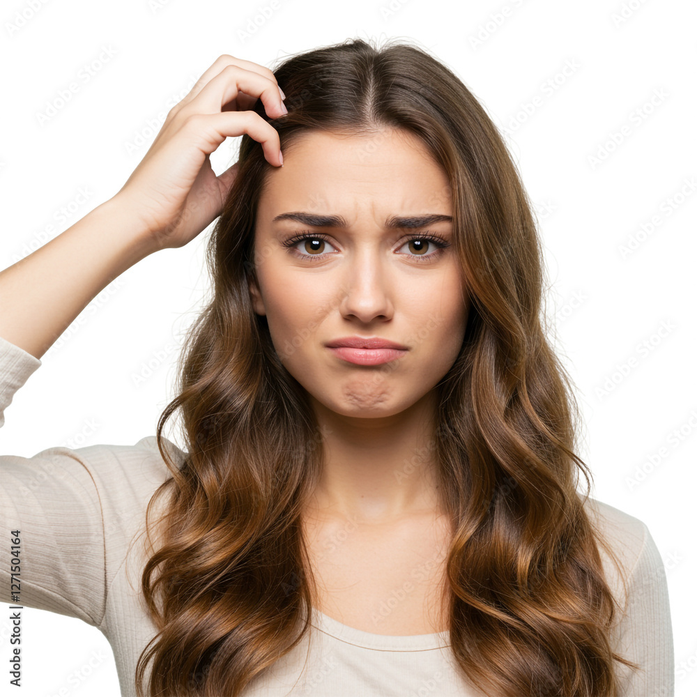 A realistic photo of a beautiful young woman with long, wavy brown hair, scratching her head with a puzzled expression A realistic photo of a beautiful young woman with long, wavy brown hair, scratching her head with a puzzled expression