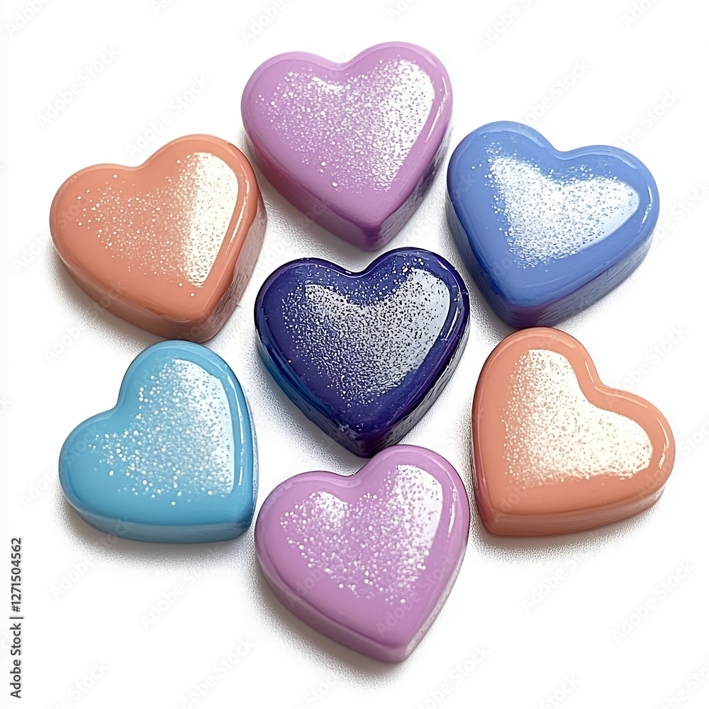 Colorful Heart Shaped Chocolates in Pastel Shades on White Background Colorful Heart Shaped Chocolates in Pastel Shades on White Background