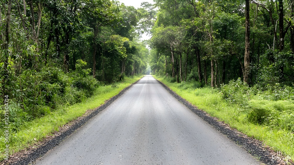 Asphalt Road Through Lush Green Forest on Sunny Day Asphalt Road Through Lush Green Forest on Sunny Day