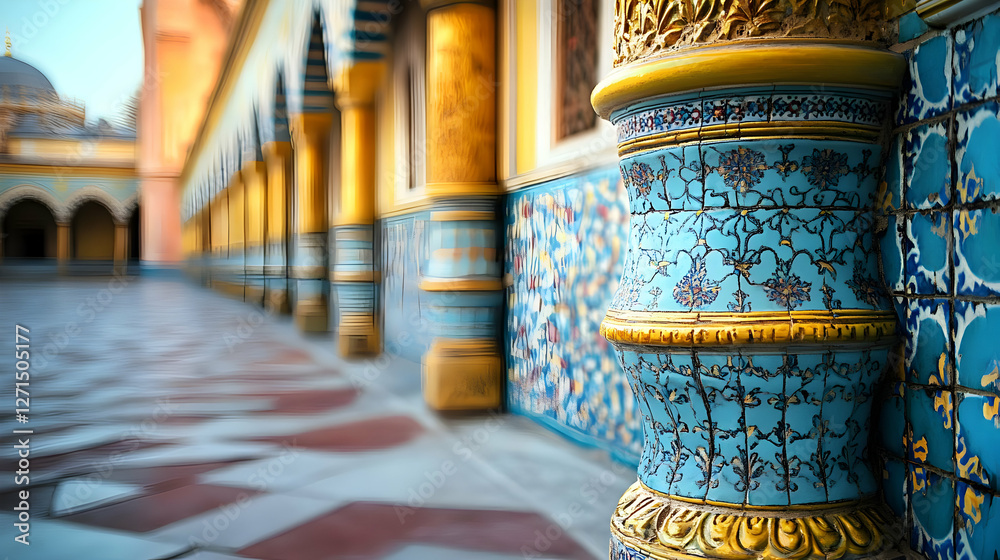 Fototapeta premium Ornate columns and intricate tilework in a vibrant architectural setting.