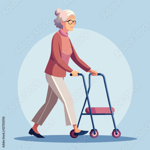 Senior's Gentle Steps with Walker: A sweet elderly woman strolls with a walker, embodying graceful aging. Focus on movement, freedom, and active living.