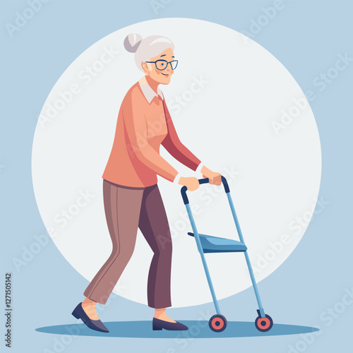 Senior's Journey: An elegant senior woman, smiles as she strides confidently forward. aided by her walker, which symbolizes a journey of grace, resilience, and the pursuit of life's many adventures.