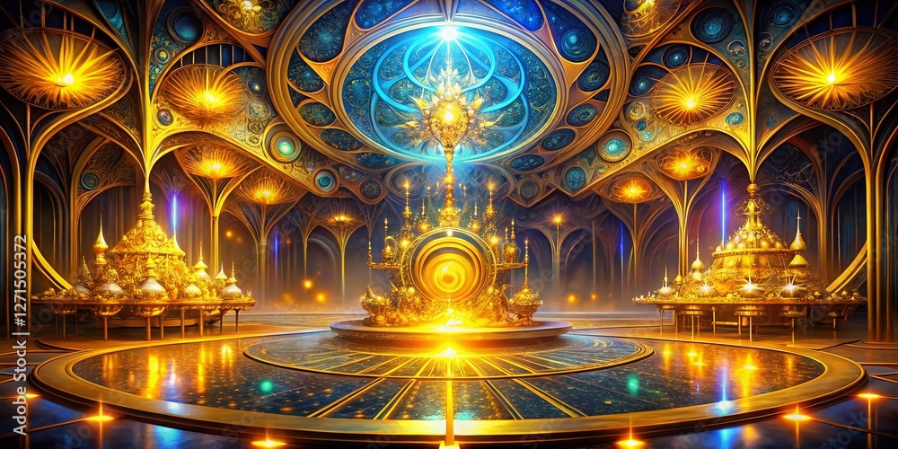 Obraz premium Abstract Golden Glowing Shapes Fantasy Light Background Digital Fractal Art 3D Render Architectural Photography