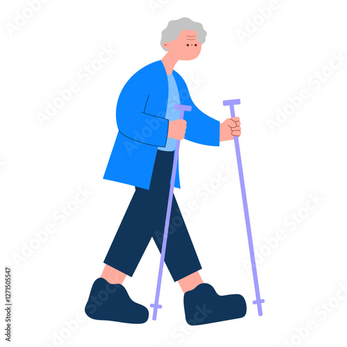 Active Senior Man Hiking with Trekking Poles flat vector illustration