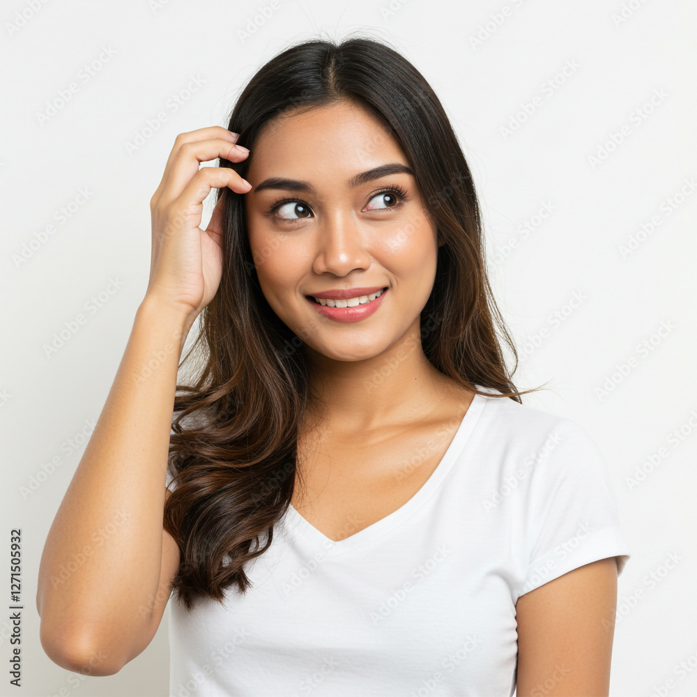 A stunning Thai woman with a warm smile and tan skin, scratching her head gently while looking slightly to the side A stunning Thai woman with a warm smile and tan skin, scratching her head gently while looking slightly to the side