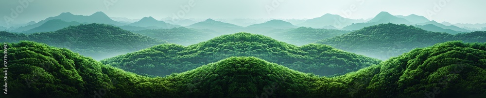 Fototapeta premium Lush Green Mountains Under Misty Sky at Dawn