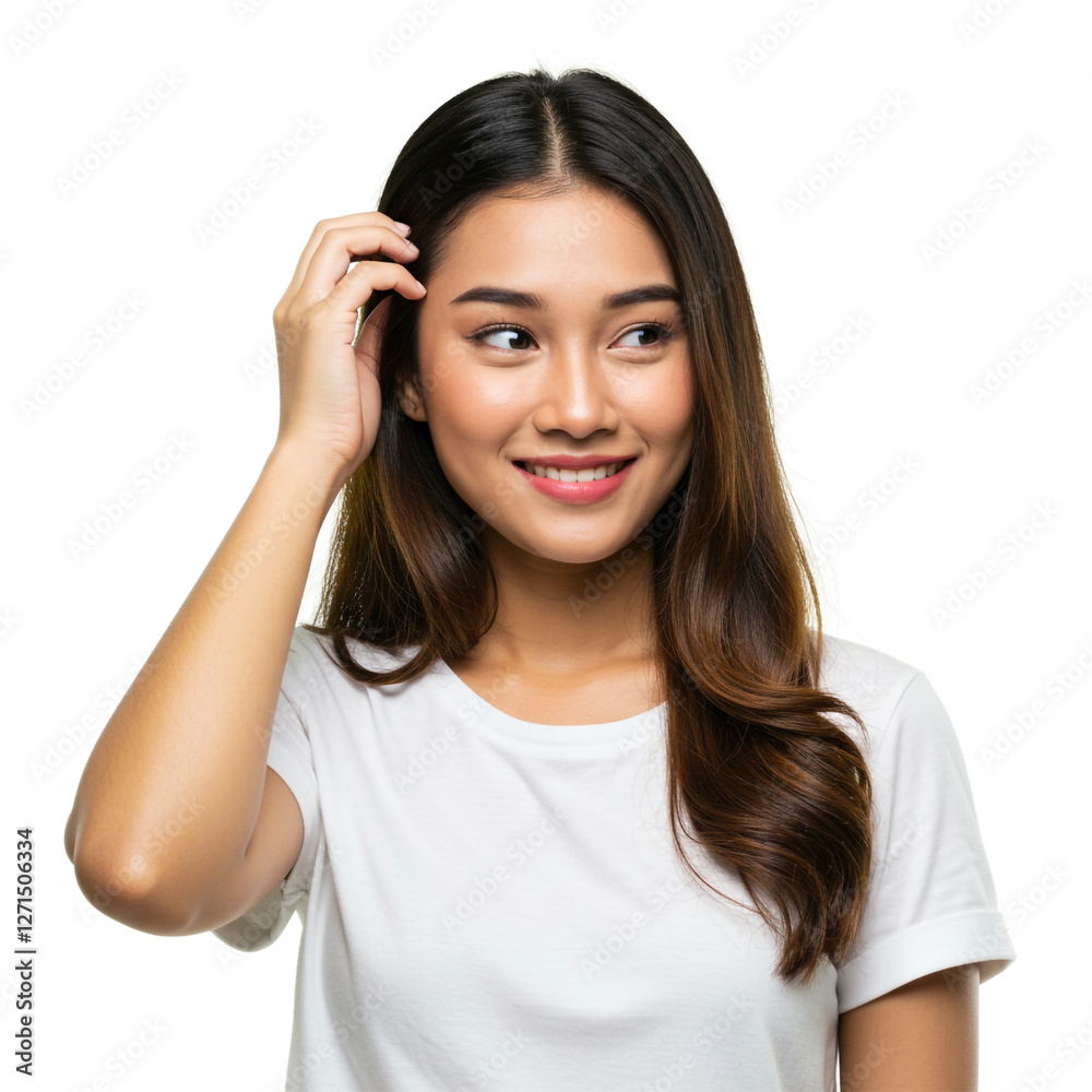 A stunning Thai woman with a warm smile and tan skin, scratching her head gently while looking slightly to the side A stunning Thai woman with a warm smile and tan skin, scratching her head gently while looking slightly to the side