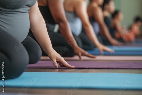 Fat People Kneeling on Colorful Yoga Mats in a Group Yoga Class