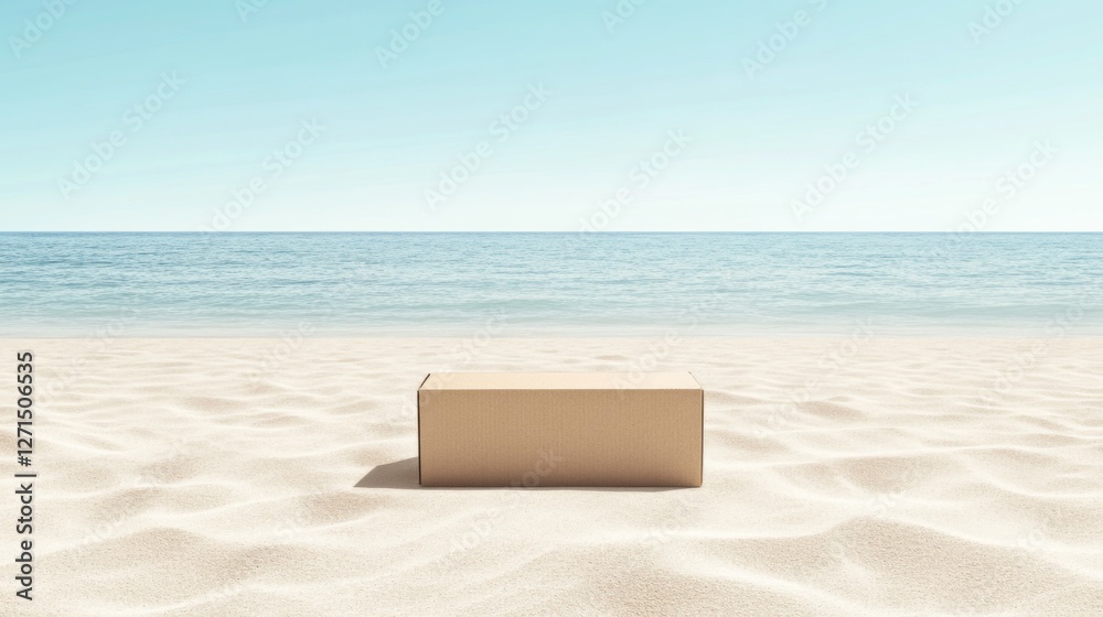 Cardboard box on beach, summer vacation, mockup, product presentation, use for e-commerce Cardboard box on beach, summer vacation, mockup, product presentation, use for e-commerce