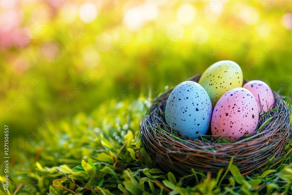 Fototapeta premium Easter Eggs Nestled in Spring Grass A Celebration of Springtime and Renewal, banner, panorama,