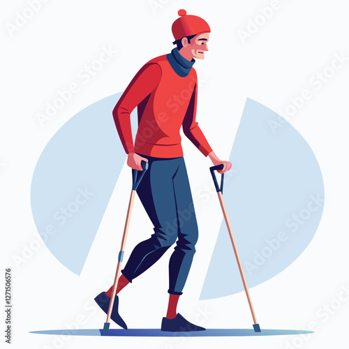 Elderly with Ski Poles: An active elderly man walking with ski poles, with a vibrant color scheme, showcasing a sense of mobility and the enjoyment of staying active, symbol of healthy ageing.