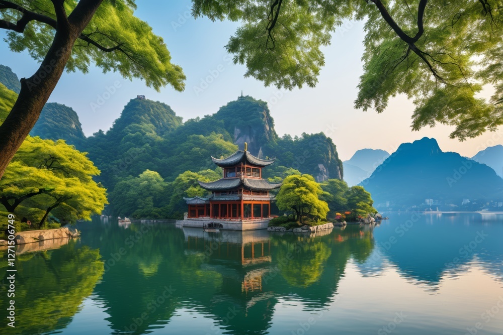 Fototapeta premium trees are growing in the water near a pagoda in the middle of the lake