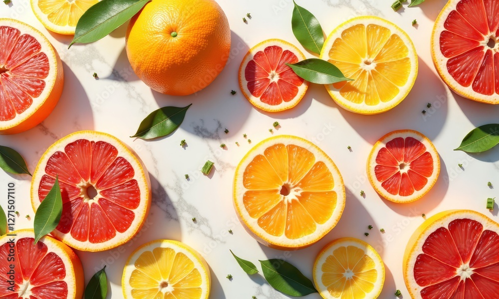 Citrus fruit slices with leaves on marble surface Citrus fruit slices with leaves on marble surface