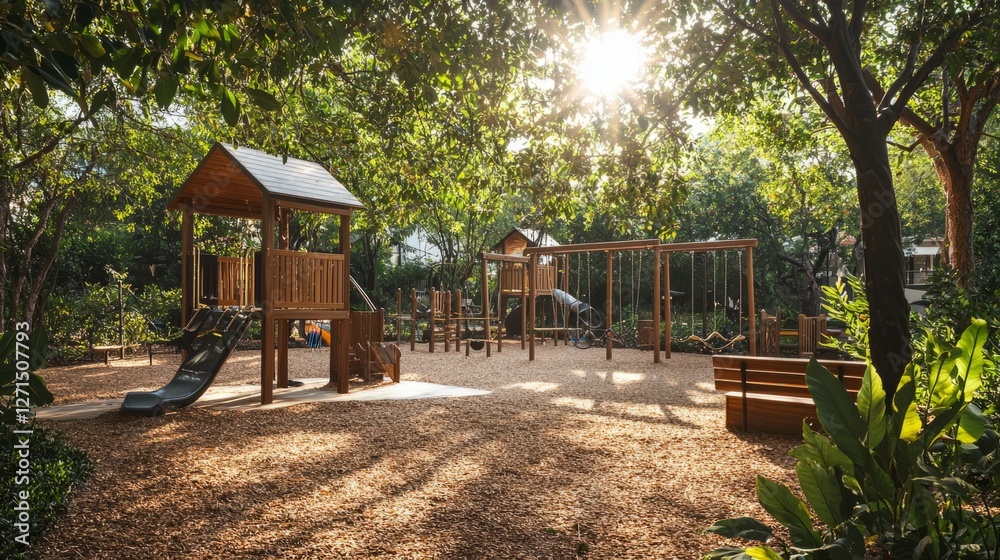 Bright and Inviting Children's Playground Surrounded by Greenery Bright and Inviting Children's Playground Surrounded by Greenery