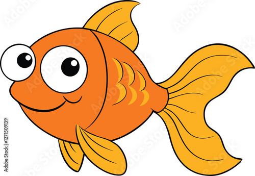 A cheerful goldfish cartoon character with big, round eyes, shiny golden scales, and a playful smile. It swims gracefully with flowing fins, spreading joy and curiosity.