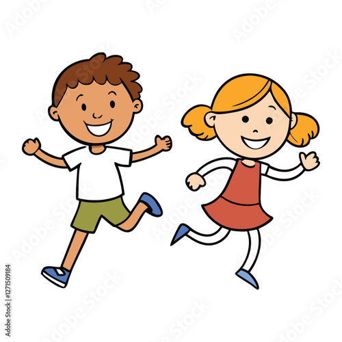 Joyful children with big smiles run together in a fun, carefree cartoon scene, full of laughter, energy, and happiness, capturing the spirit of playful childhood adventures.