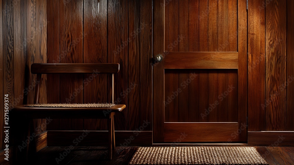 Rustic Wooden Bench and Doorway with Neutral Brown Mat Rustic Wooden Bench and Doorway with Neutral Brown Mat