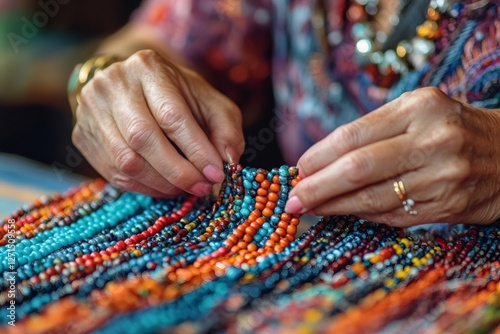 Artisan creating colorful beaded jewelry with precision and care