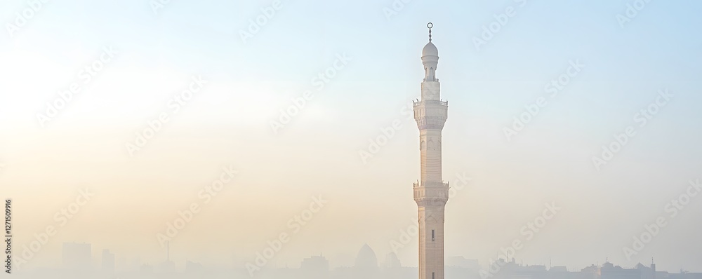 Obraz premium A minaret tower stands tall in a hazy morning light