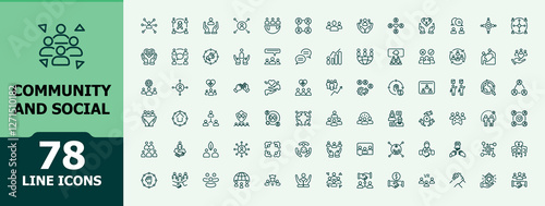 Community And Social icons set. It contains symbols to friendship, social, support, network, care, app and more. Minimal icon. Vector icon and illustration.