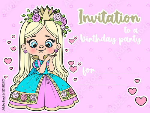 Invitation for a guest to a princess birthday party with cute cartoon princess on pink background