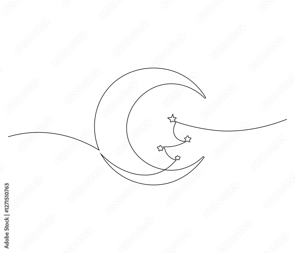 Continuous one line drawing of Star and Crescent moon. Single line drawing illustration of Islamic symbol. Ramadan kareem concept vector art. Doodle line illustration. Continuous one line drawing of Star and Crescent moon. Single line drawing illustration of Islamic symbol. Ramadan kareem concept vector art. Doodle line illustration.