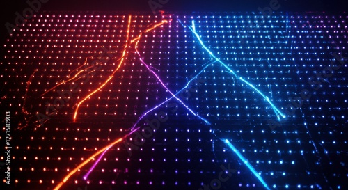 Illuminating Data: Abstract digital artwork showcasing a grid of vibrant LED lights, with dynamic streaks of light weaving across the surface. The artwork exudes energy and innovation.