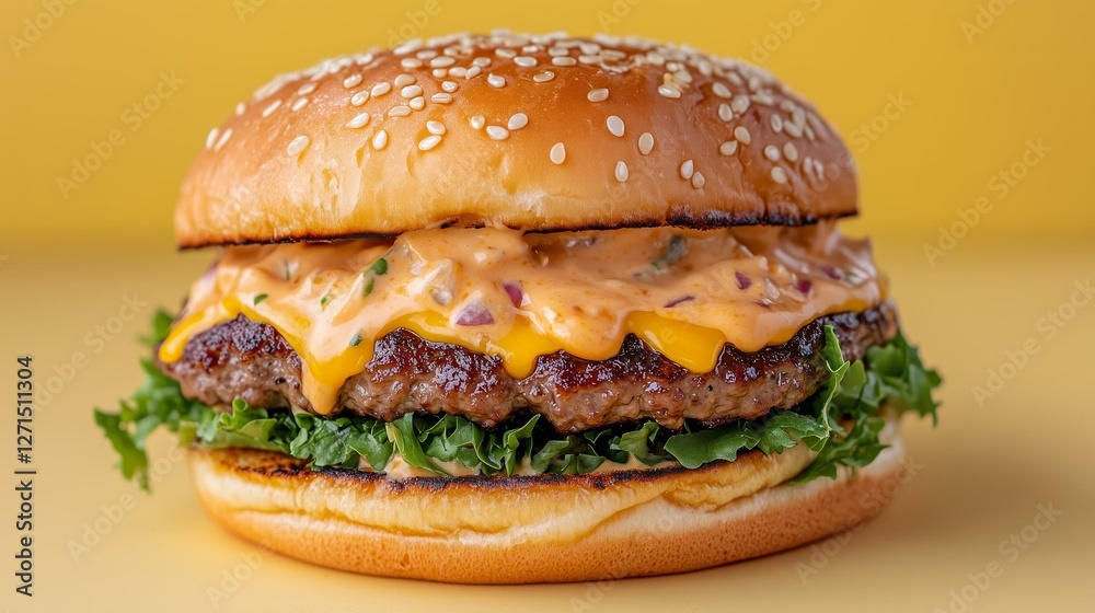 Delicious cheeseburger on sesame bun with lettuce and creamy sauce on yellow background Delicious cheeseburger on sesame bun with lettuce and creamy sauce on yellow background