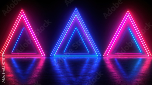 Neon Triangles: Glowing Geometric Art on Shiny Surface