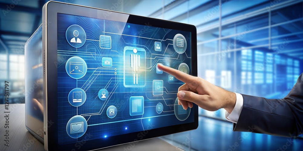 Fototapeta premium hand touching button of global business technology concept