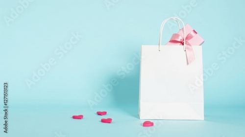 A white shopping bag with a pink gift and scattered hearts on a light blue background