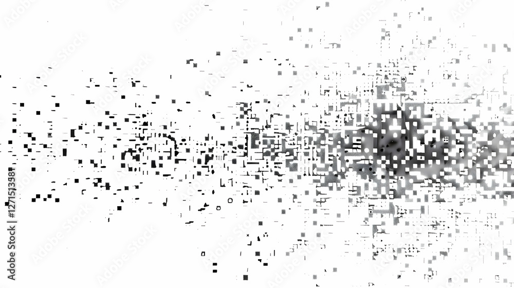Obraz premium Abstract monochrome digital art with scattered pixelation, creating a sense of motion and depth