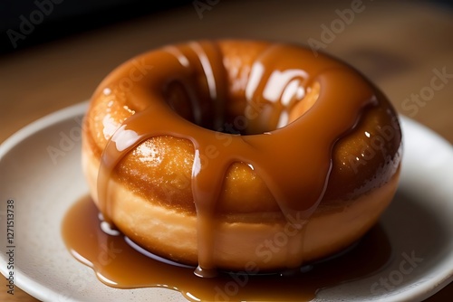 A close-up of a golden brown glazed donut covered in thick, glossy caramel sauce, dripping down the sides in a tempting drizzle.