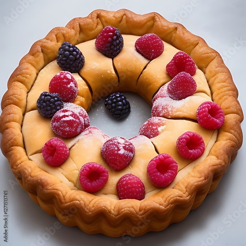 A close-up of a golden-brown layered pastry, delicately stacked with the top layer slightly larger than the bottom, adorned with several toppings for a delicious and visually appealing presentation.