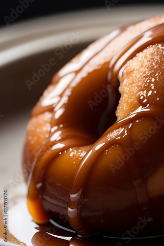 A close-up of a golden brown glazed donut covered in thick, glossy caramel sauce, dripping down the sides in a tempting drizzle.