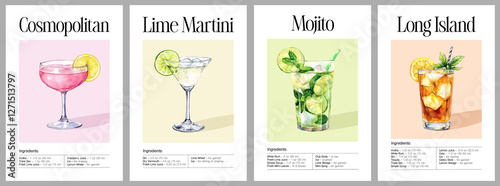 Cosmopolitan, Lime Martini, Mojito, Long Island cocktails with garnish. Watercolor poster illustration with recipe	
