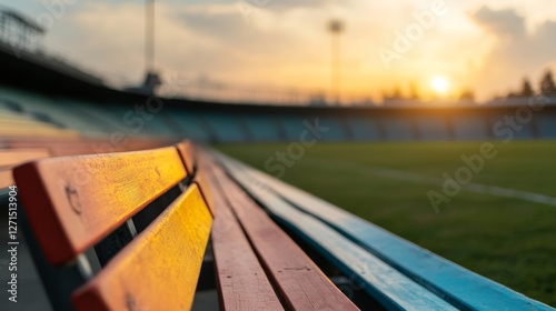 Empty stadium benches at sunset photo